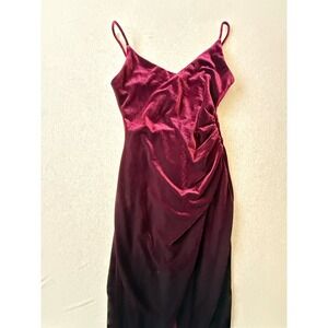 Aqua Formal Burgundy Ombre Velvet Ruched Maxi Dress Size 8 Slit Spaghetti Strap